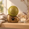 Zampetta™ dierenurn hondenpoot met tennisbal naast een waxinelichtje, op ware grootte