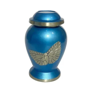 Messing mini urn – Hemelsblauw met zilverkleurige vlinder