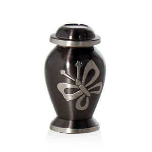 Mini messing urn – Donkergrijs met zilverkleurige vlinder